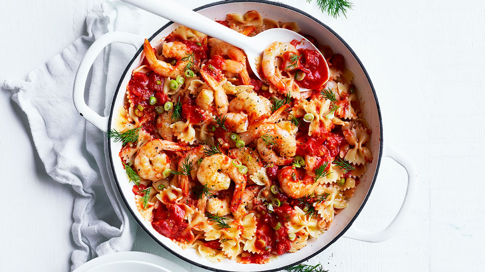 Prawn and chilli farfalle in a saucepan