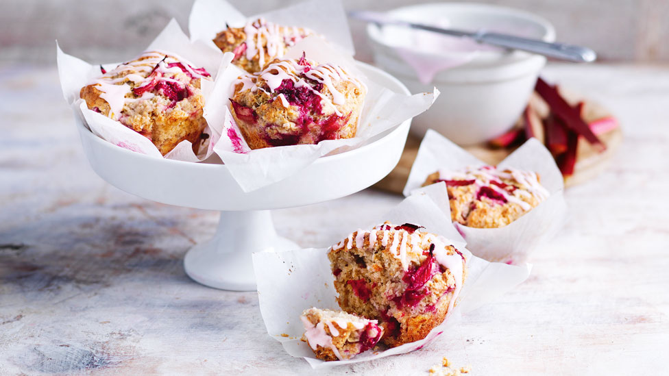 Five raspberry and rhubarb muffins