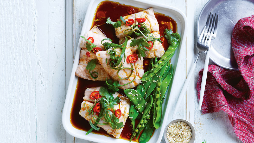 Curtis Stone's Steamed snapper with sesame snow peas