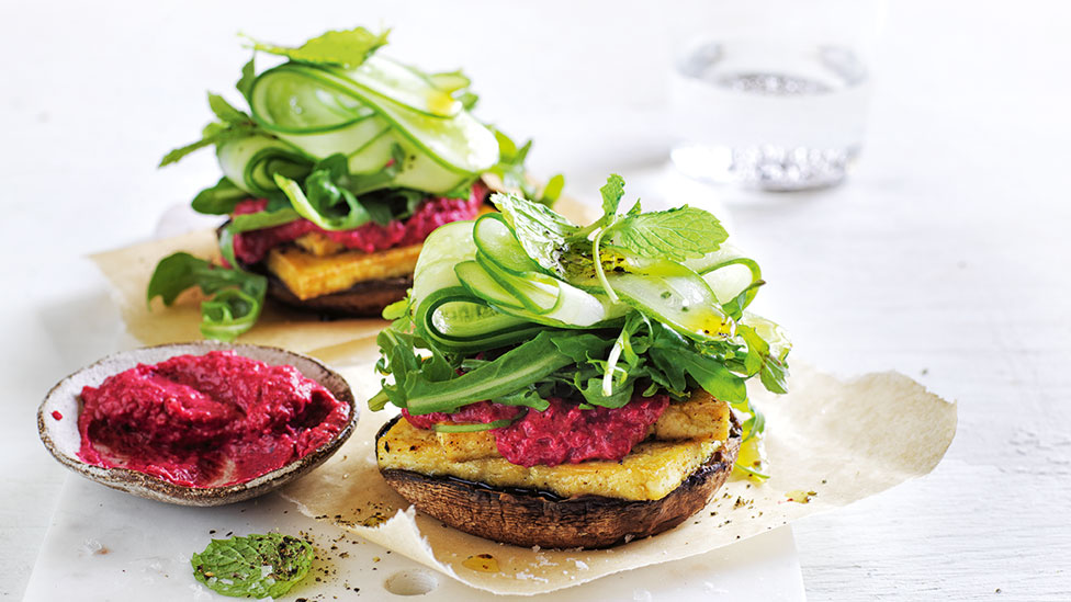 Two tofu and mushroom burgers