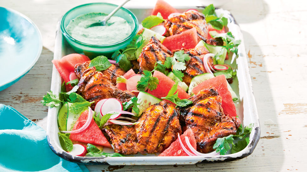 Watermelon and grilled chicken salad
