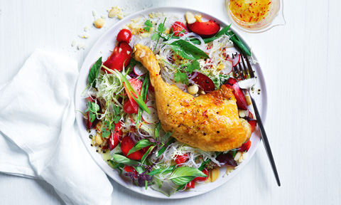 A chicken drumnstick with plum noodle salad