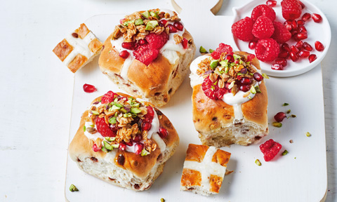 Three hot cross bun cobs with dips