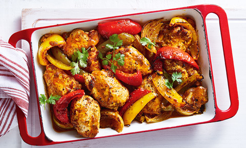 Korma chicken and mixed capsicum tray bake