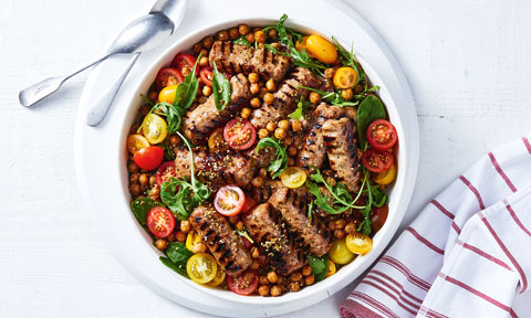 Grilled lamb kebabs with chickpea and tomato salad