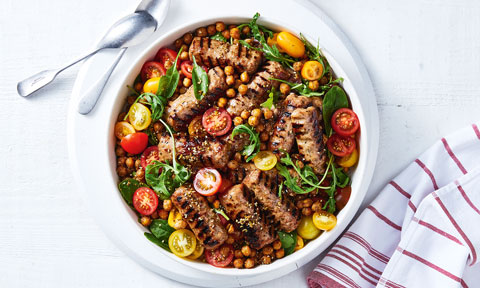 Lamb kebabs with chickpea and tomato salad