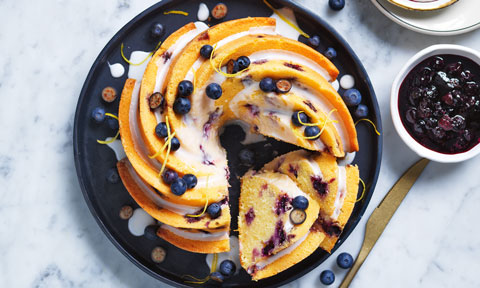 Lemon and blueberry bundt cake with lemon drizzle and blueberry compote