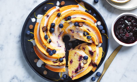 Lemon and blueberry bundt cake with lemon drizzle