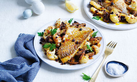 Curtis Stone's Pan-roasted snapper with cauliflower and mushrooms 