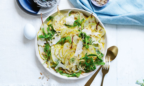 Pear salad with sunflower seed dukkah