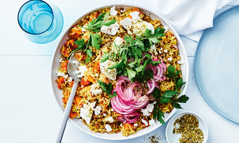 Persian-style pilaf with sweet potato and lentils