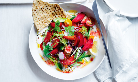 Plum salad with whipped fetta & dukkah and pita bread