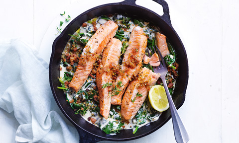 Salmon with bacon crumb and creamed spinach