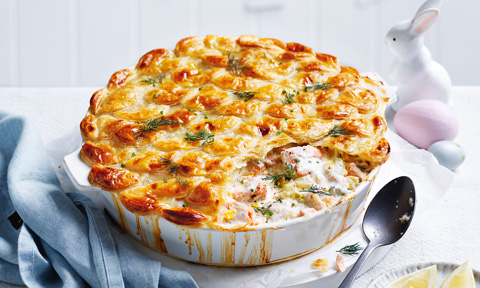Seafood chowder pie covered in crispy puff pastry