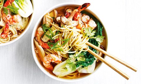 A prawn and mushroom ramen with baby bok choy