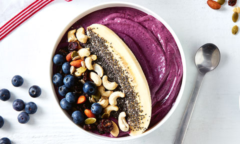 Acai smoothie bowl with banana and blueberries