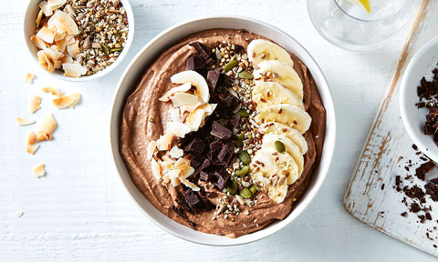 Choc-avocado smoothie bowl with chopped frozen banana