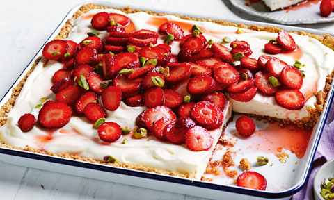 Gluten-free strawberry cheesecake slice with pistachios