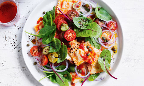 Ravioli pasta salad with gazpacho dressing and mixed tomatoes
