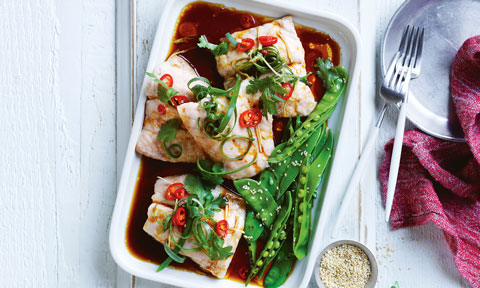 Curtis Stone’s steamed snapper with sesame snow peas