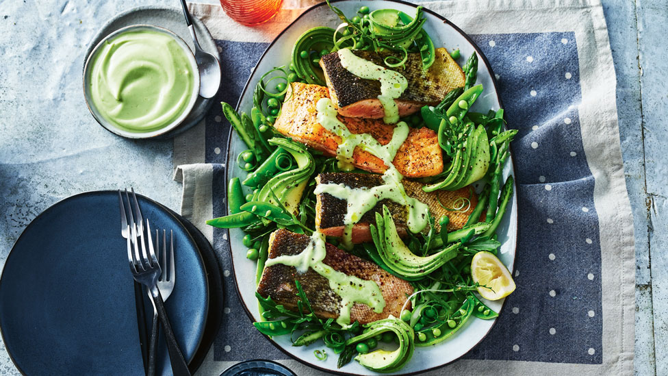 Crispy-skin salmon with spicy avocado dressing