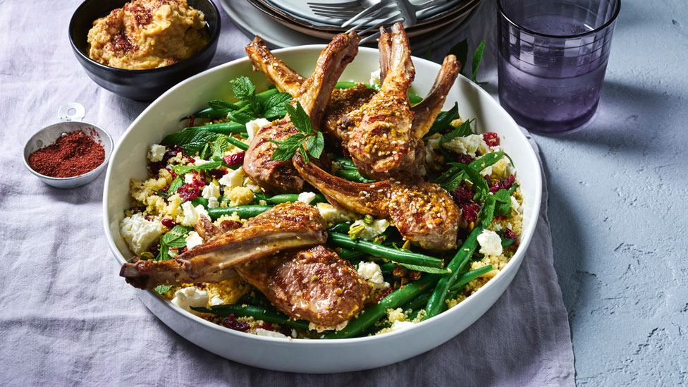 Dukkah lamb with smashed chickpeas and couscous