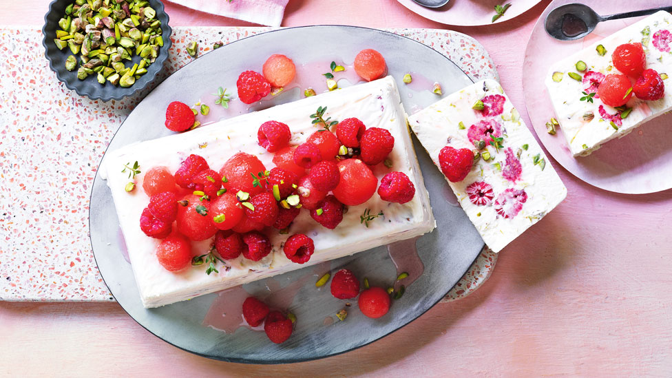 Raspberry, pistachio and elderflower semifreddo