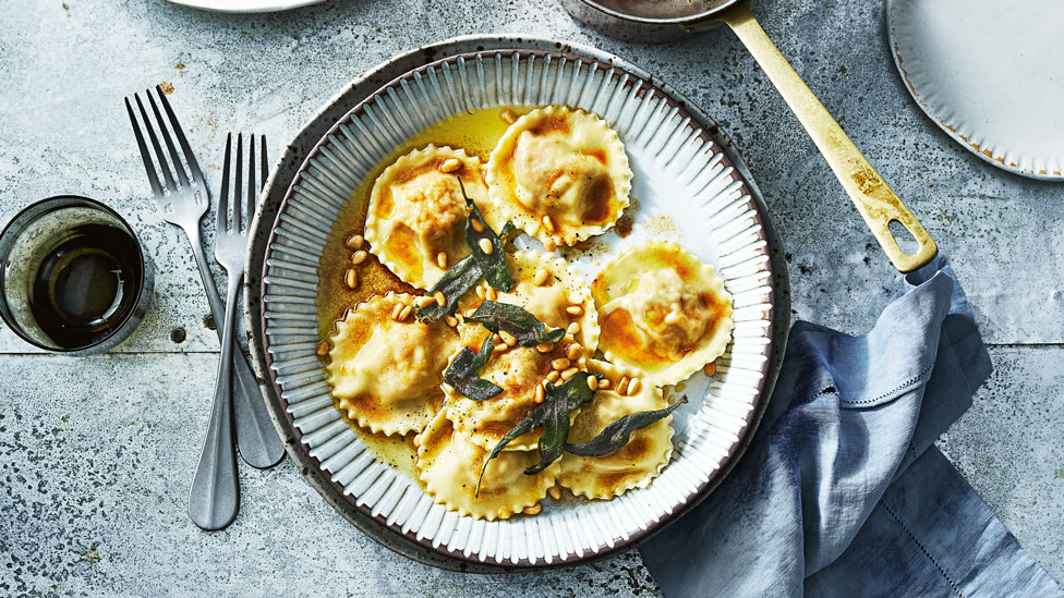 Roasted pumpkin ravioli with brown butter and sage