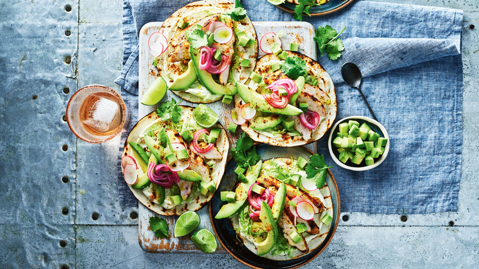 Spiced chicken and avocado tostadas