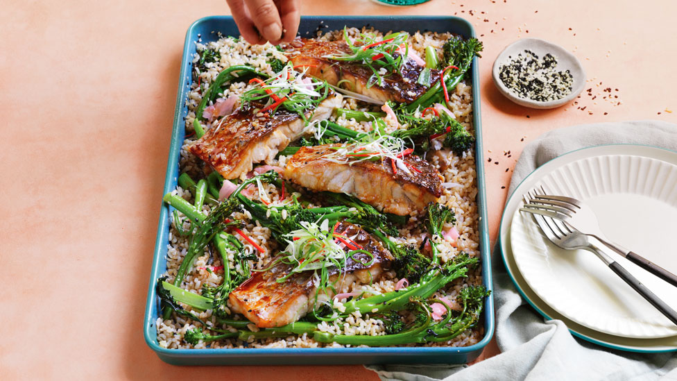 Sticky teriyaki fish with baby broccoli and crispy rice