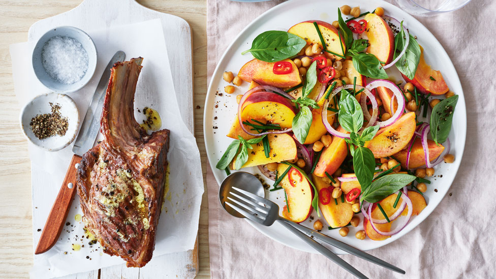 Pork tomahawk with peach salad