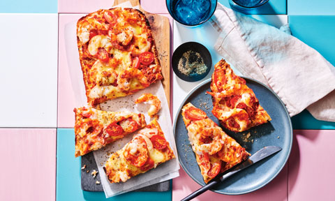 Ciabatta prawn pizza