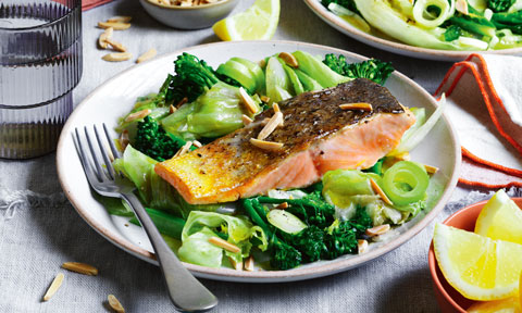 Crispy salmon with lemon and braised lettuce