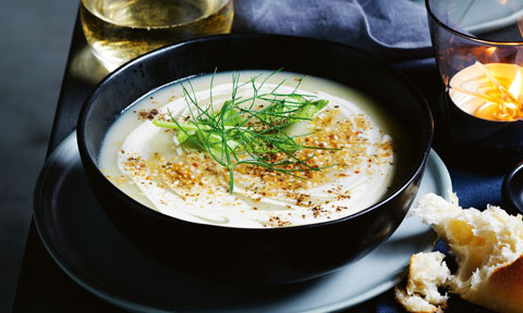 Fennel, potato and celery soup with dukkah