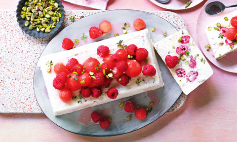 Raspberry, pistachio and elderflower semifreddo 