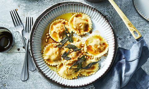 Roasted pumpkin ravioli with brown butter and sage