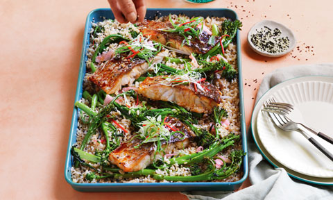 Sticky teriyaki fish with baby broccoli and crispy rice