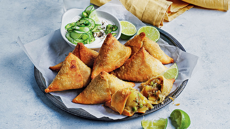 Potato and pea samosas with raita