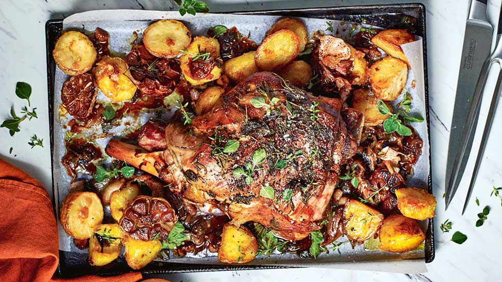 Slow-roasted thyme and oregano lamb leg