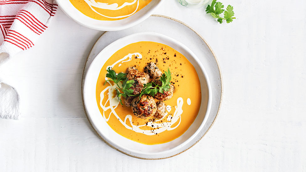 Thai-style pumpkin soup with meatballs