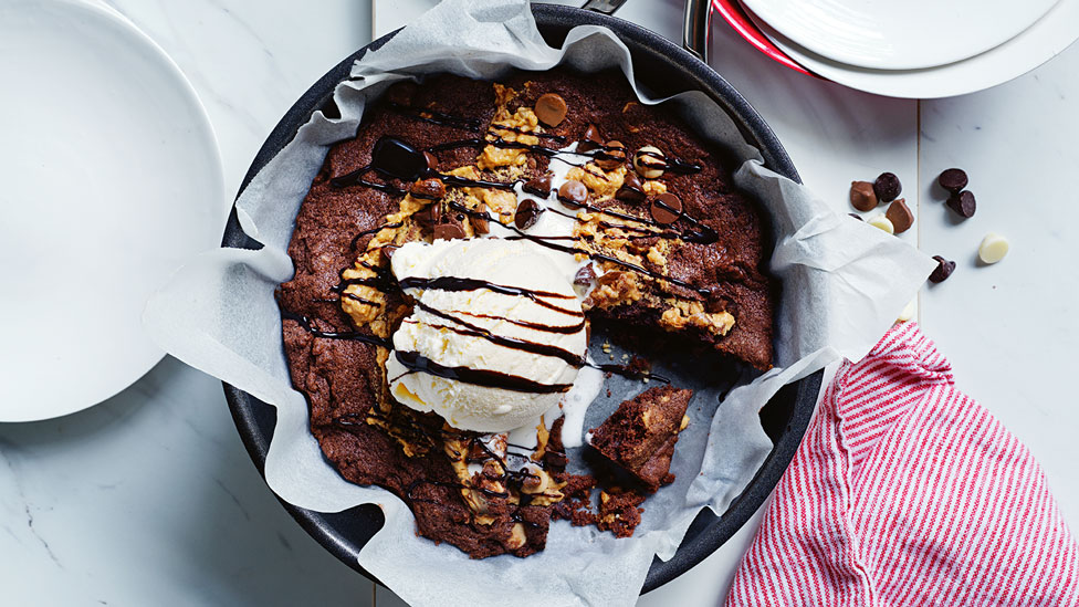 Triple-chocolate skillet cookie