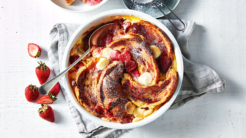 Croissant bread and butter pudding with strawberries