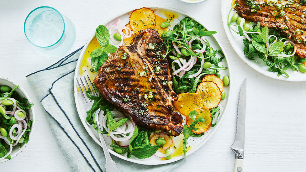 Herbed buttered steak with pickled onion and swede salad