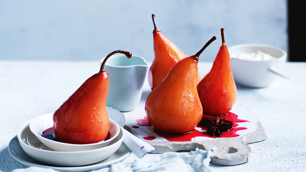 Four spiced cranberry slow cooker poached pears