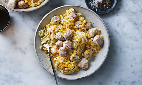 Creamy corn and chicken meatball pasta