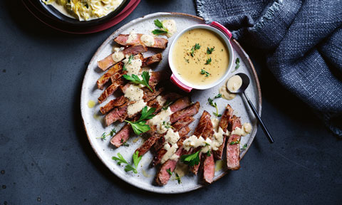 Curtis Stone's pan-seared scotch fillet with creamed leeks 