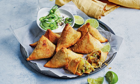 Potato and pea samosas with raita