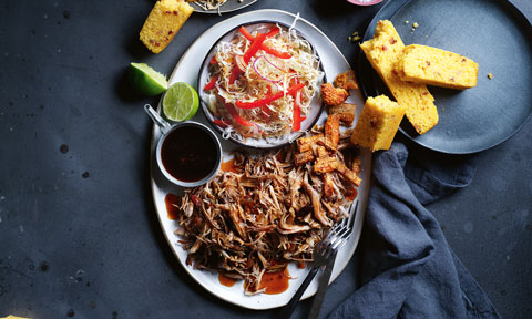 Pulled pork with slaw and bacon cornbread