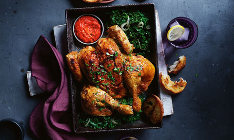 Spatchcock chicken with romesco sause