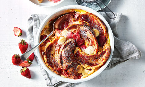 Croissant bread and butter pudding with strawberries